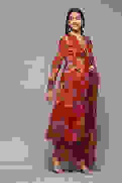 Red Polyester Anarkali Kurta Palazzo Suit Set image number 6