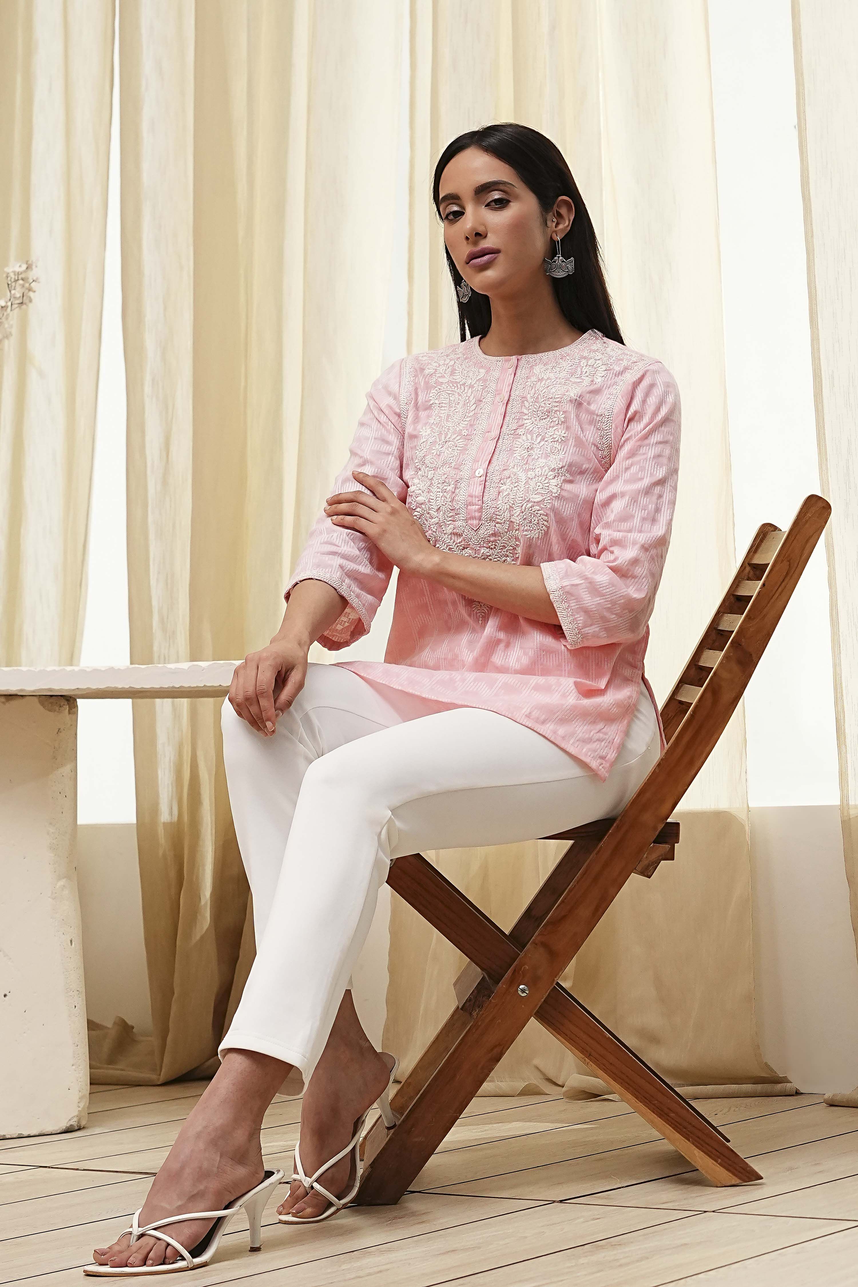 Pink Cotton Yarn Dyed Short Kurta image number 5