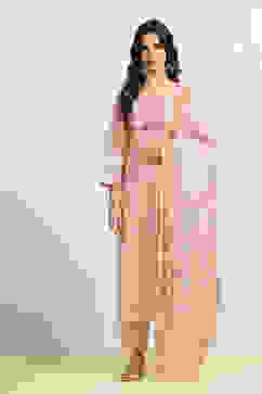 Peach Tussar Silk Blend Printed Unstitched Suit Set image number 7