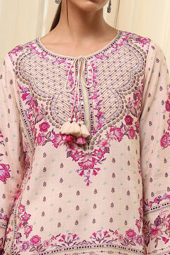 Off-White and Pink Modal Blend Straight Short Kurta image number 1