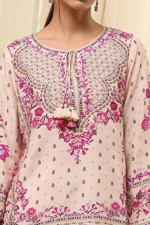 Off-White-Pink Modal Blend Straight Printed Short Kurta image number 1