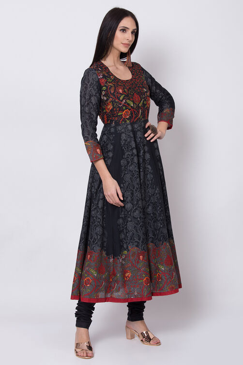 Black Cotton Anarkali Kurta Churidar Suit Set image number 4
