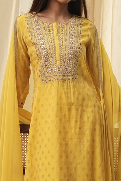Yellow Embroidered Straight Suit Set image number 1