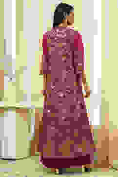 Plum Art Silk Flared with Cape Printed Dress image number 5