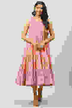 Pink Cotton Flared Fusion Printed Dress image number 0
