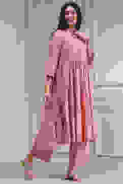 Peach-Colored Embroidered Gathered Suit Set image number 5