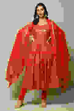 Red Cotton Anarkali Kurta Churidar Suit Set image number 0