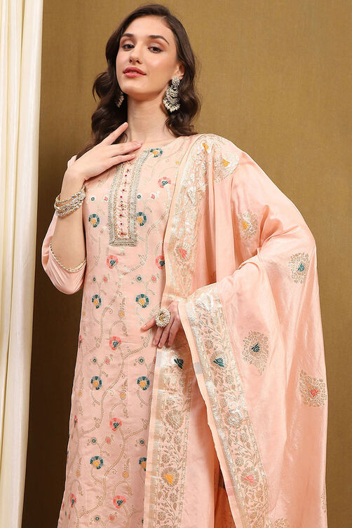 Pink Silk Blend Woven Floral Unstitched Suit Set image number 5