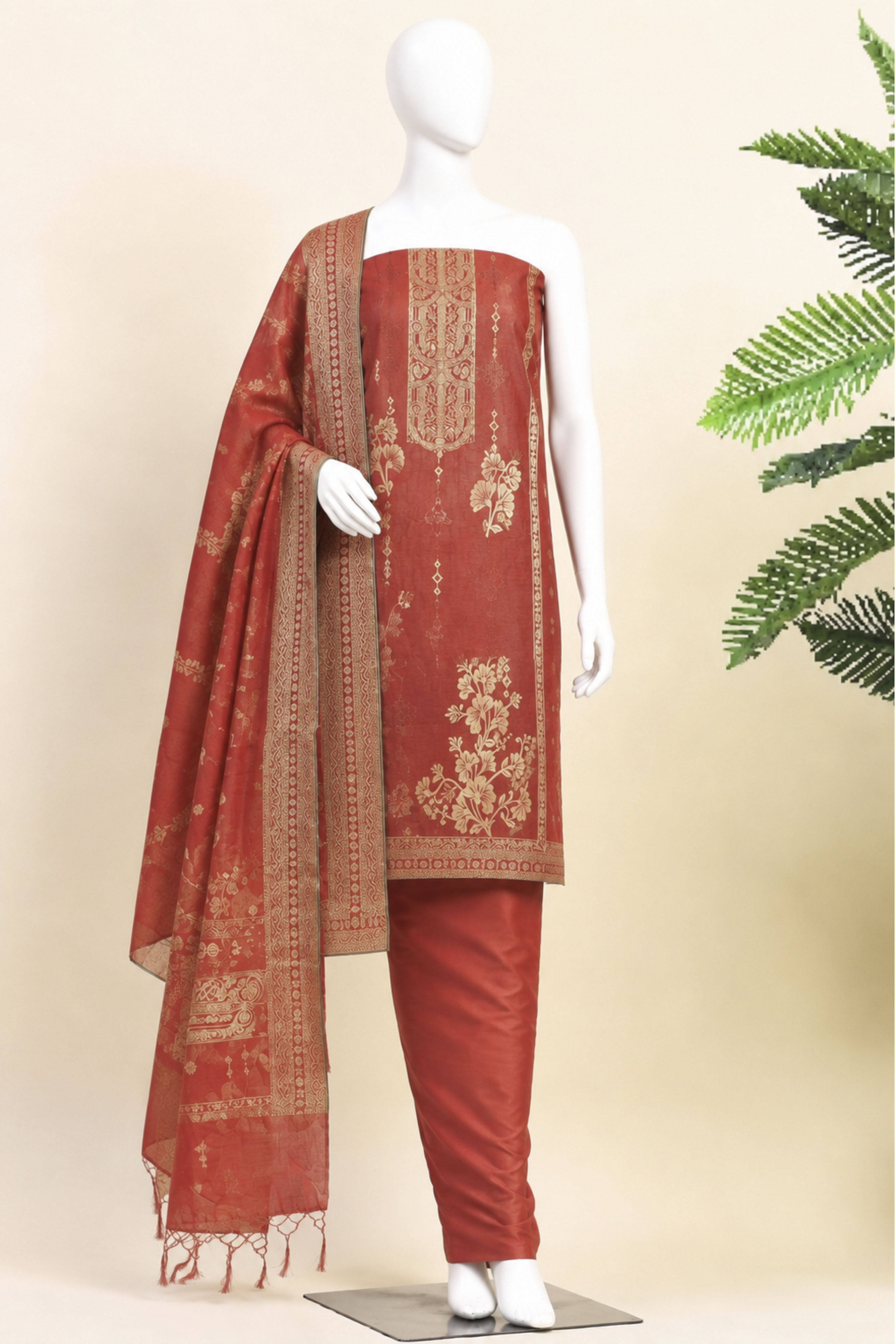 Rust Jacquard Traditional Weaving Unstitched Suit Set image number 4