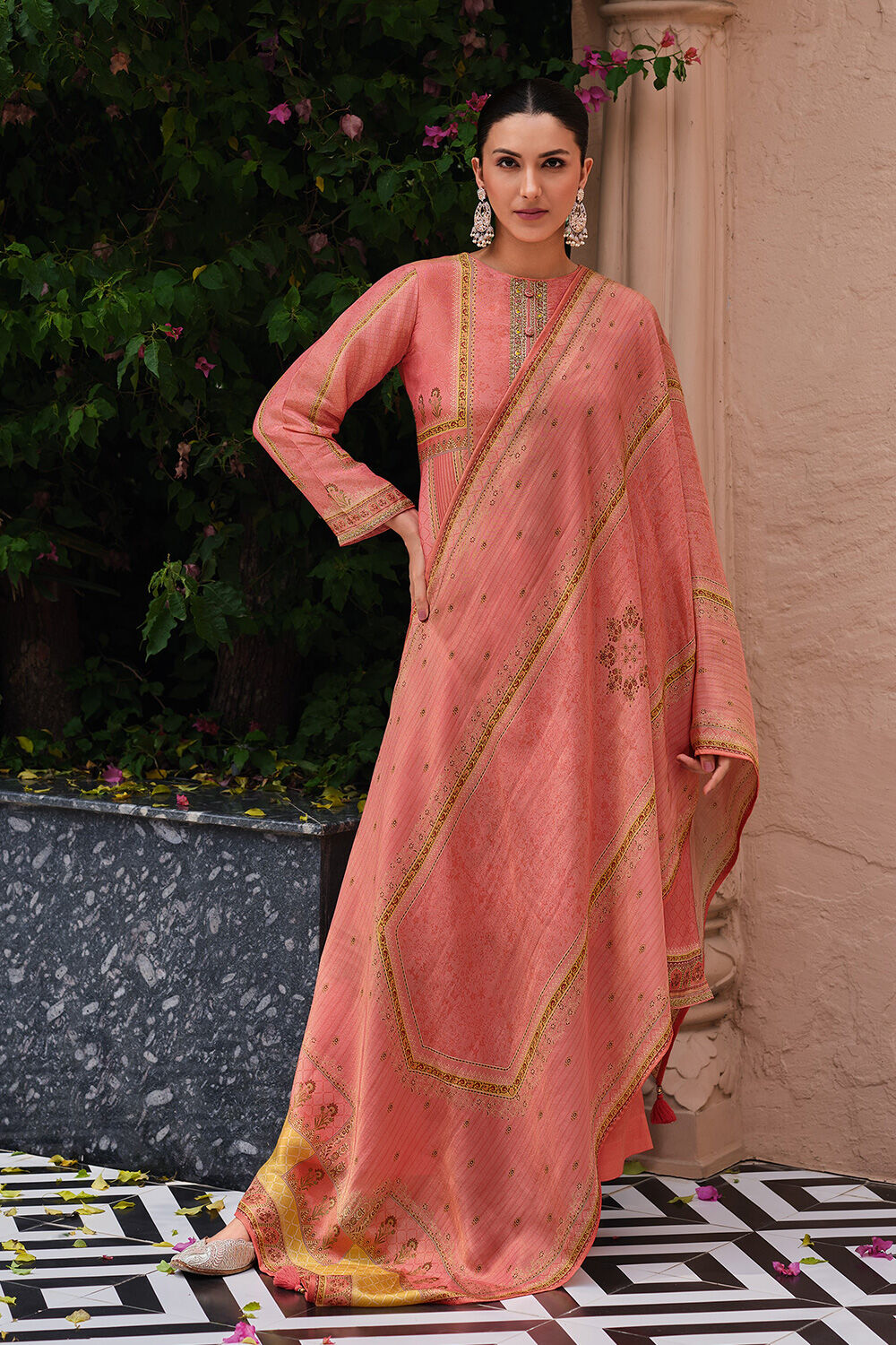 Mustard Yellow Viscose Silk Unstitched Suit Set image number 2