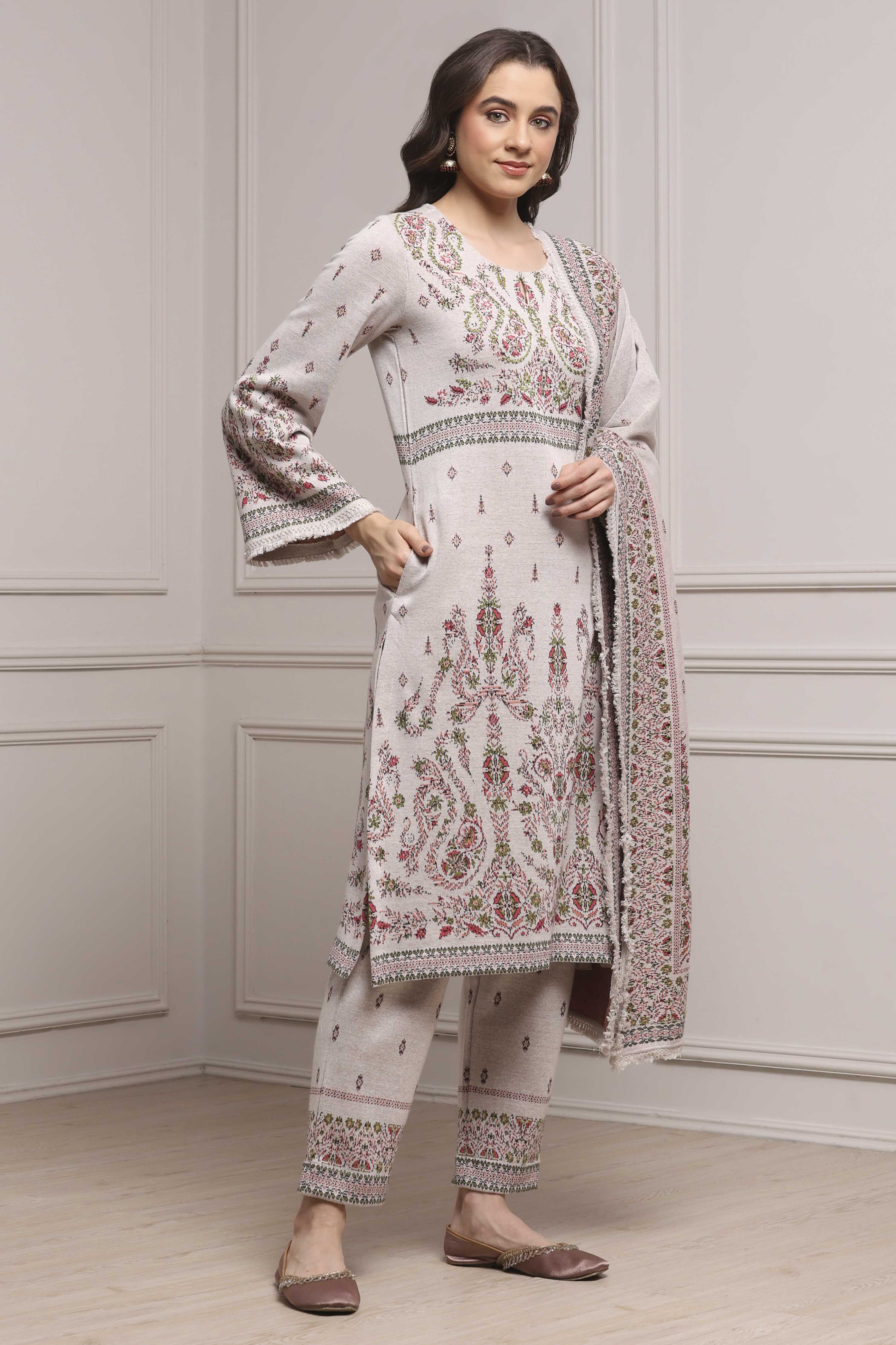 Ivory Printed Straight Winter Suit Set image number 5