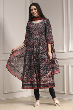 Black Cotton Fitted Anarkali Suit Set image number 6
