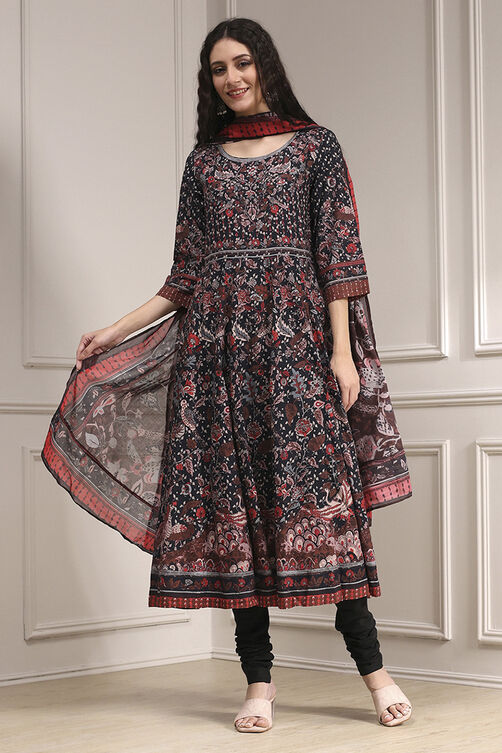 Black Cotton Fitted Anarkali Suit Set image number 6