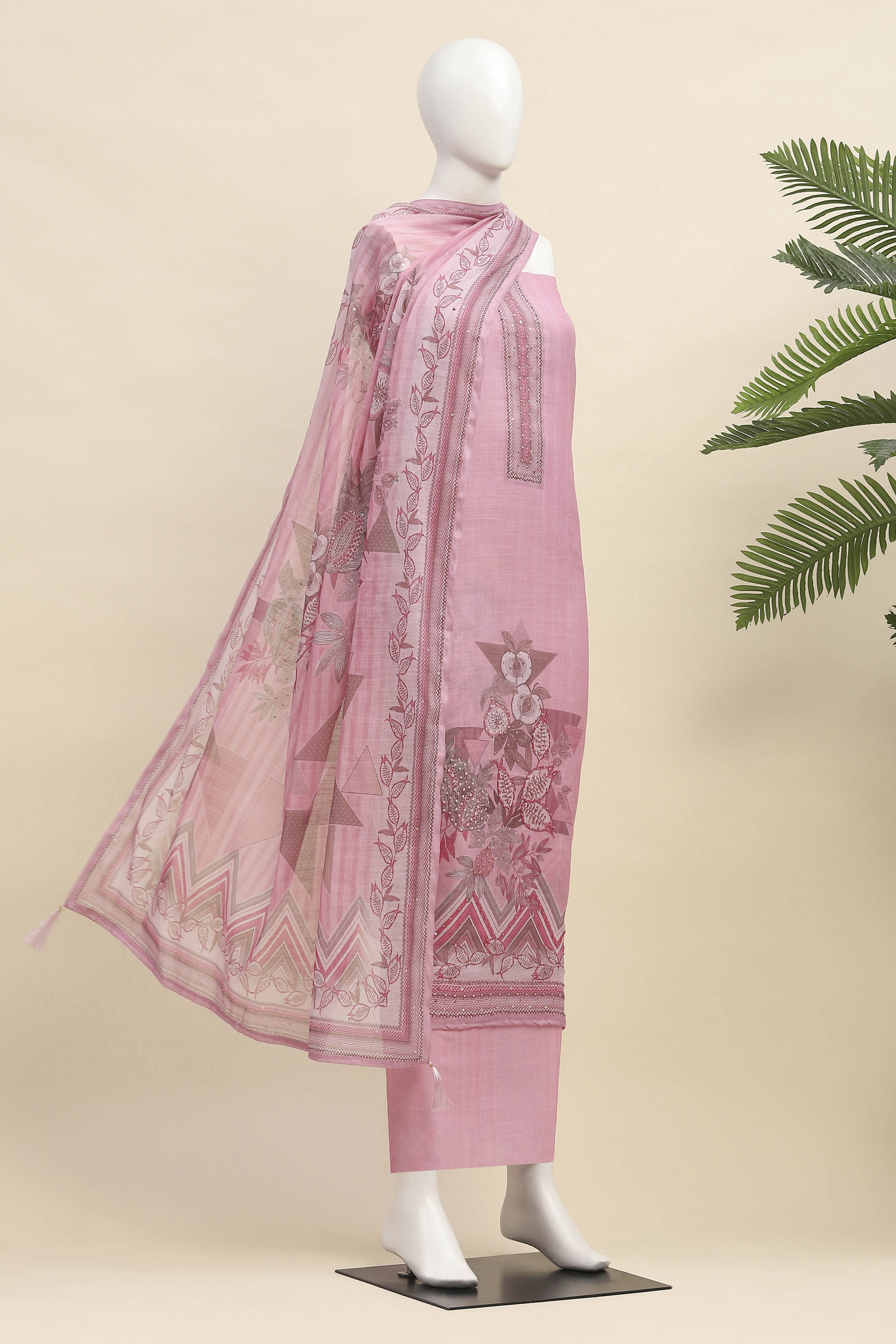 Pink Linen Unstitched Suit Set image number 4