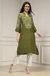 Olive Green Printed Straight Kurta image number 4