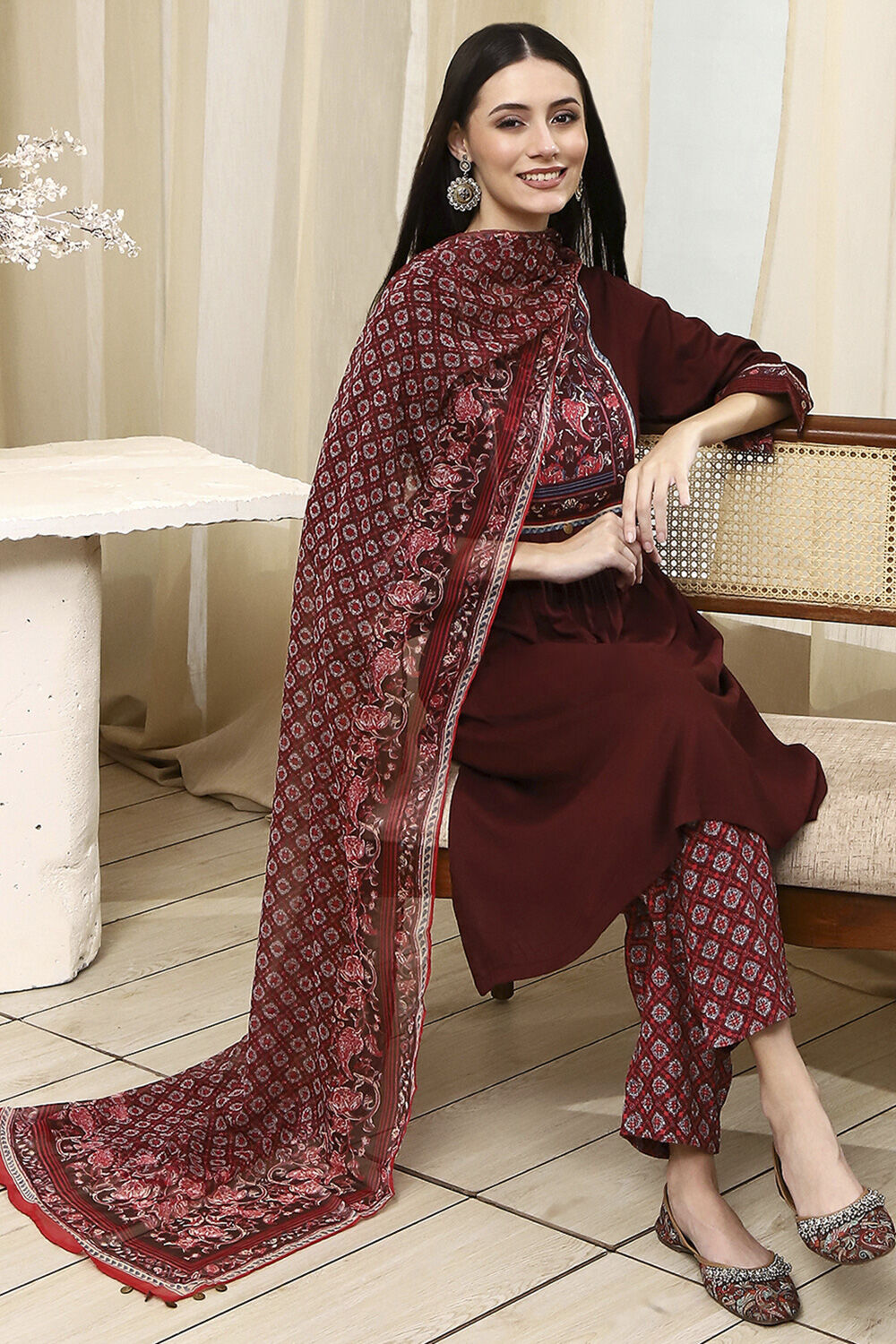 Plum Solid Gathered Straight Suit Set image number 0