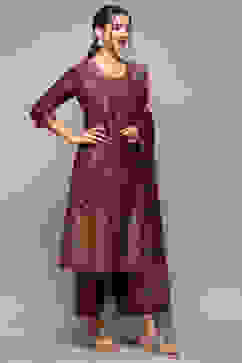 Wine Cotton Straight Yarndyed Kurta Palazzo Suit Set image number 6