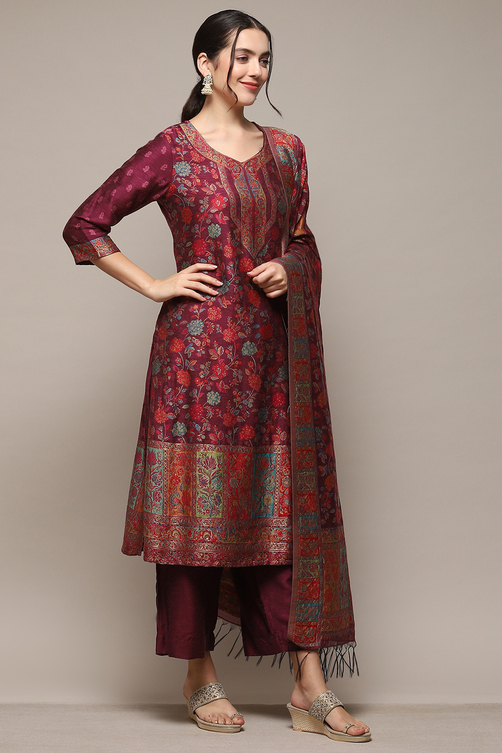 Wine Cotton Straight Yarndyed Kurta Palazzo Suit Set image number 6