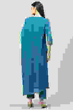 Royal Blue Cotton Straight Kurta Regular Pants Suit Set image number 4