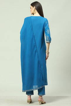 Royal Blue Cotton Straight Kurta Regular Pants Suit Set image number 4