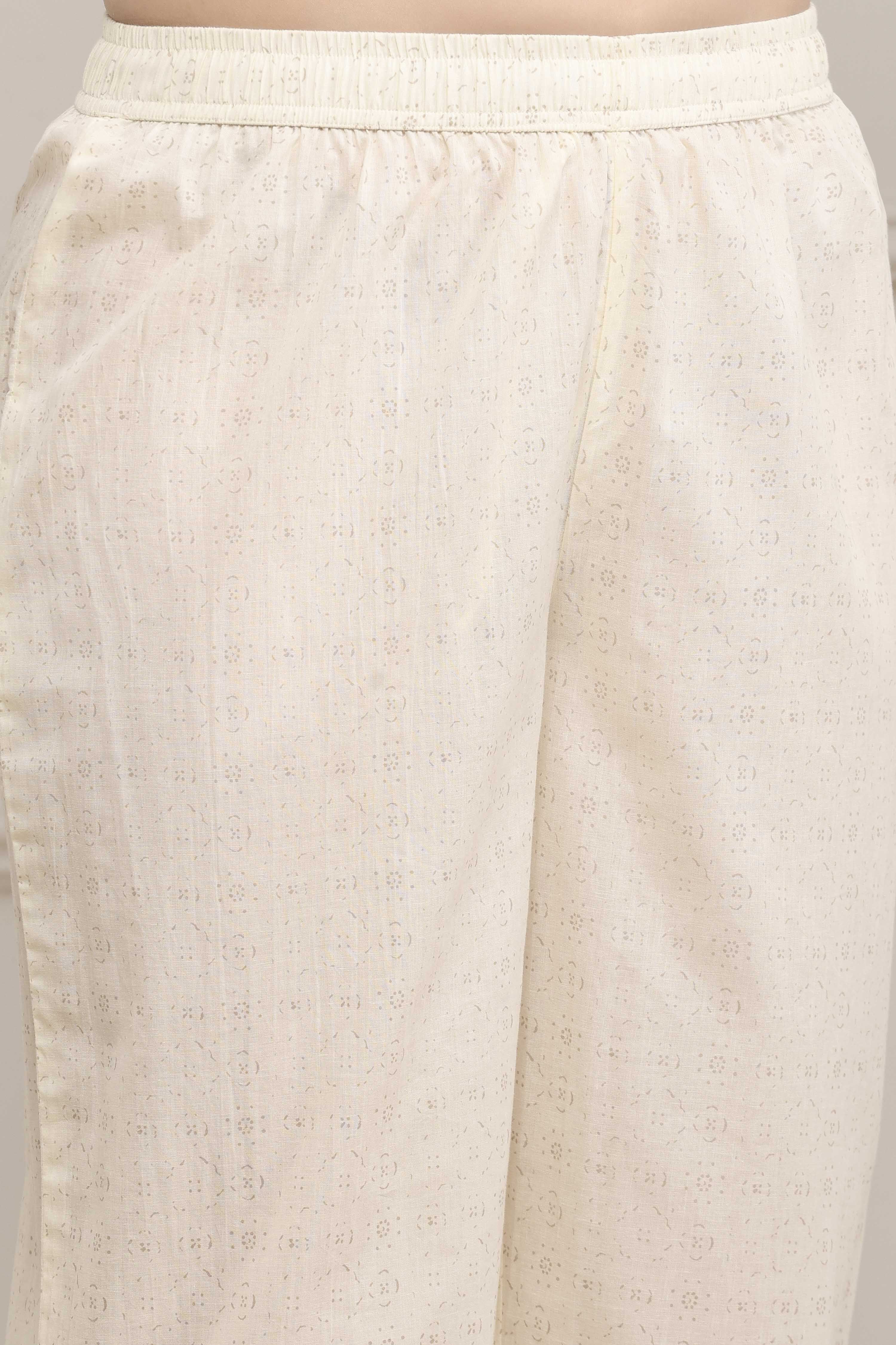 Off-White Cotton Floral Printed Straight Suit Set image number 2