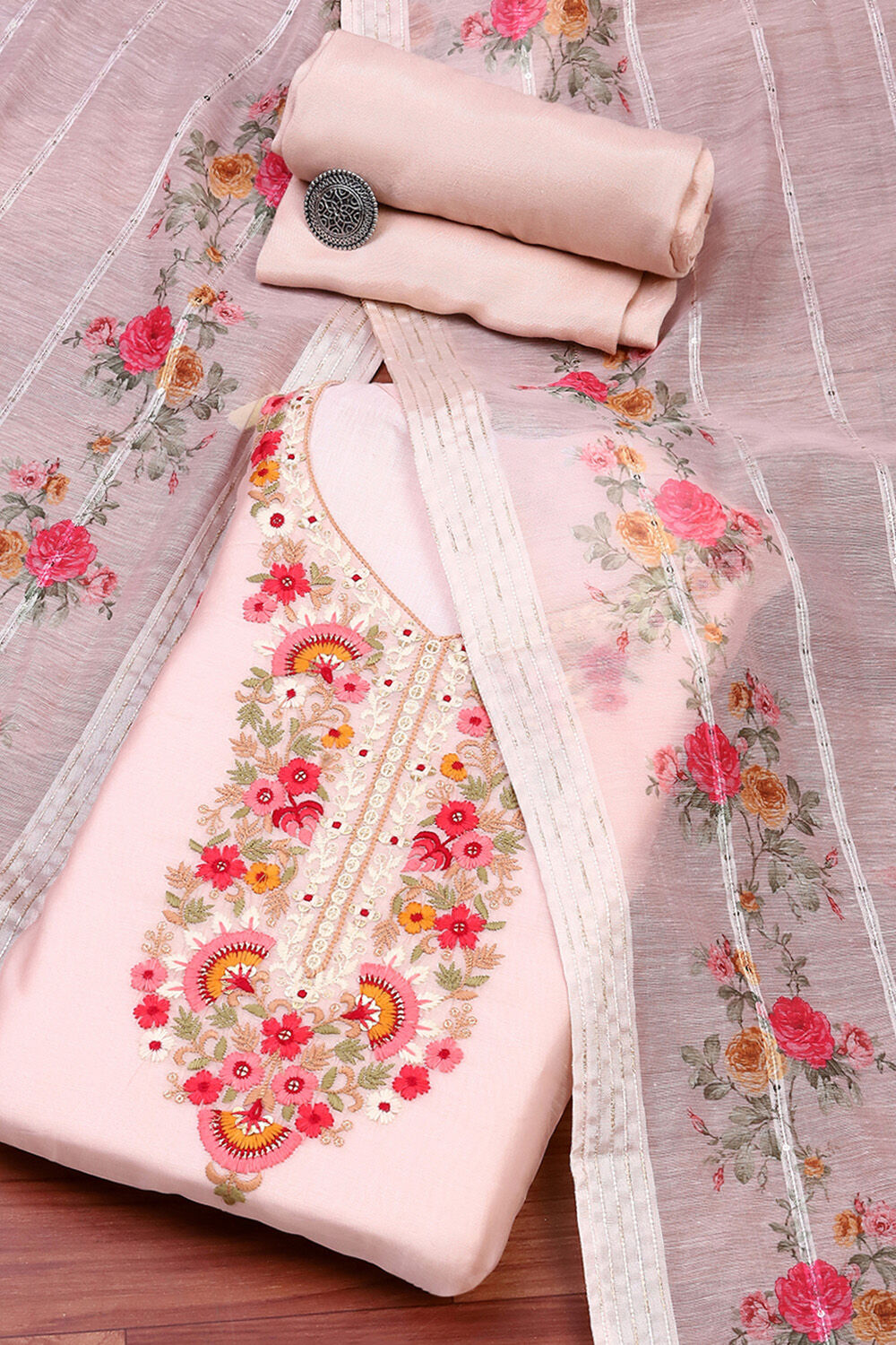 Off White Chanderi Machine Embroidered Unstitched Suit Set image number 0