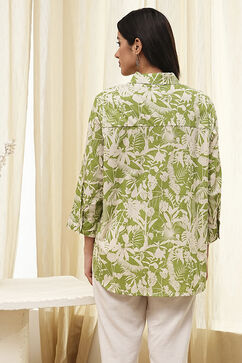 Green Cotton Floral Printed Straight Shirt image number 3