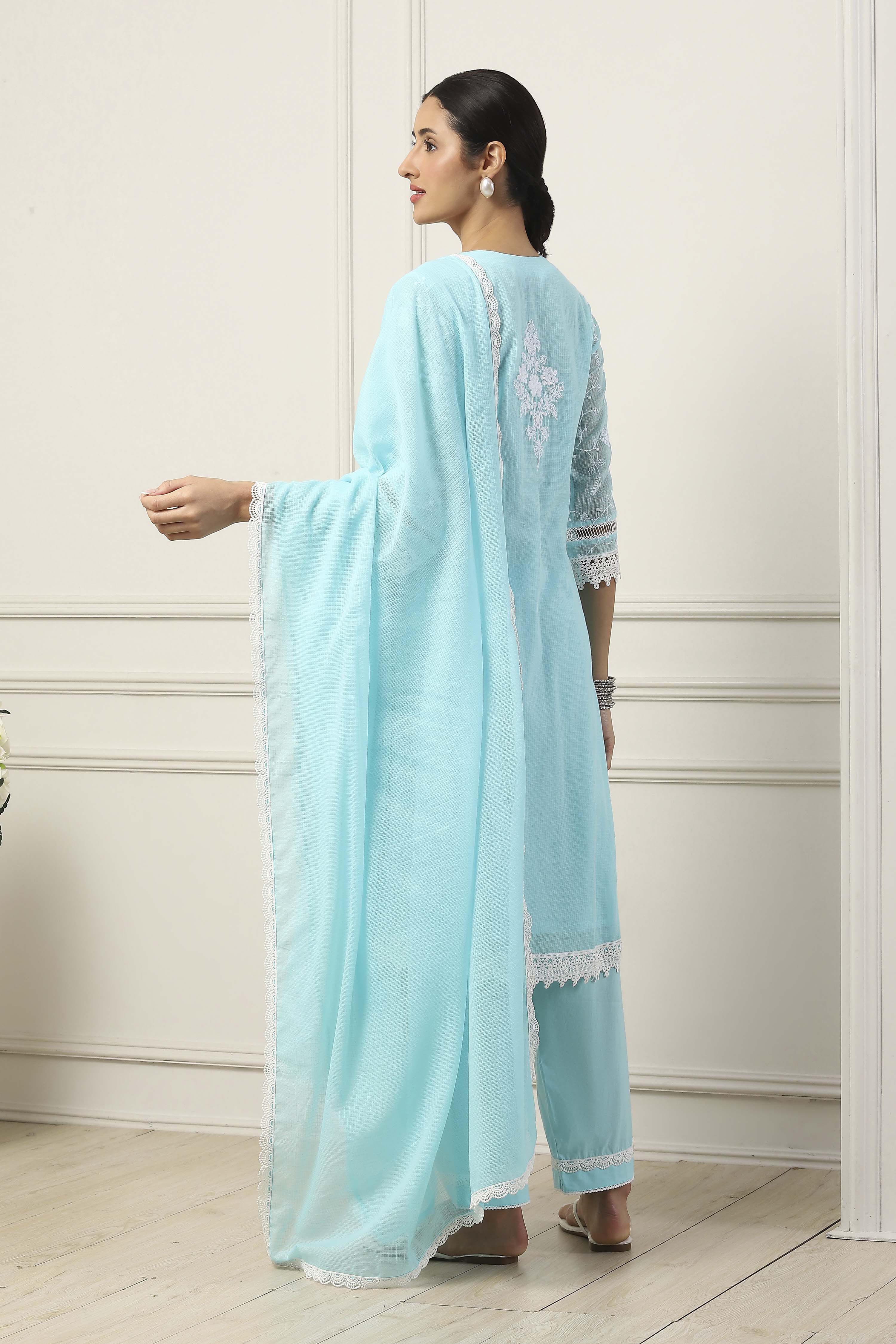 Sky Blue Cotton Floral Embroidered Straight Suit Set image number 4
