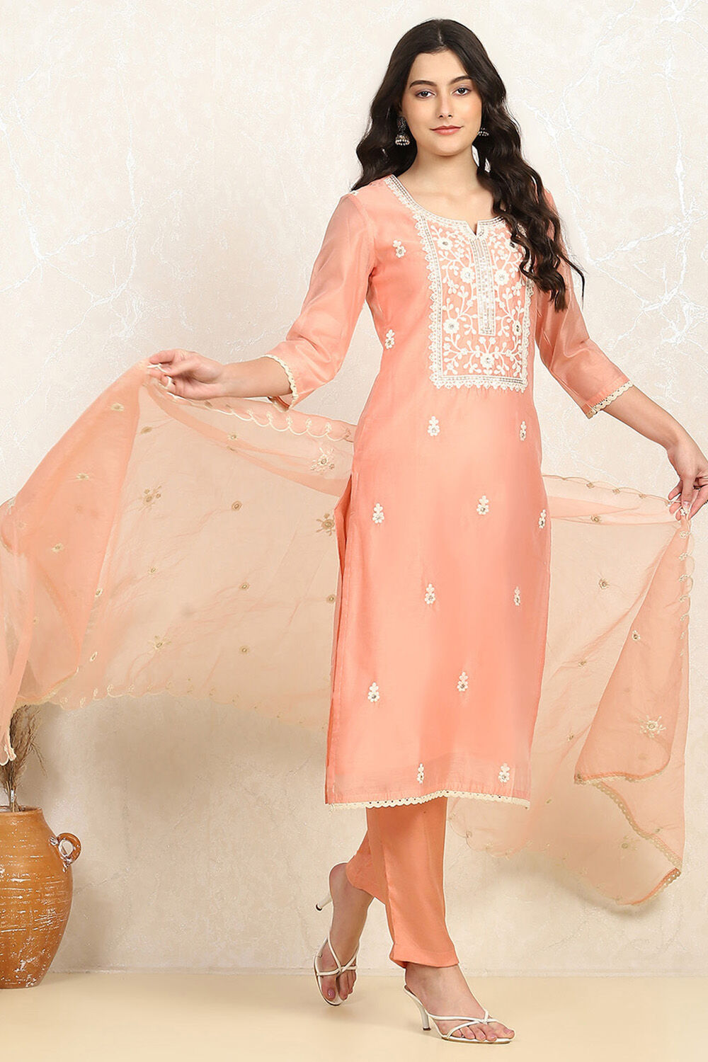 Baby Pink Chanderi Unstitched Suit Set image number 1