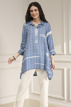 Blue Printed Asymmetric Short Kurta image number 5