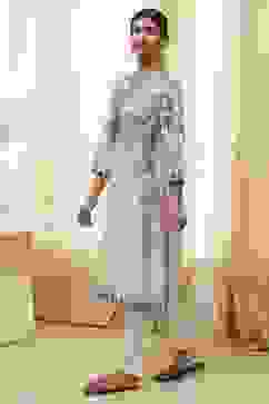 Beige and Blue Cotton Floral Straight Kurta image number 2