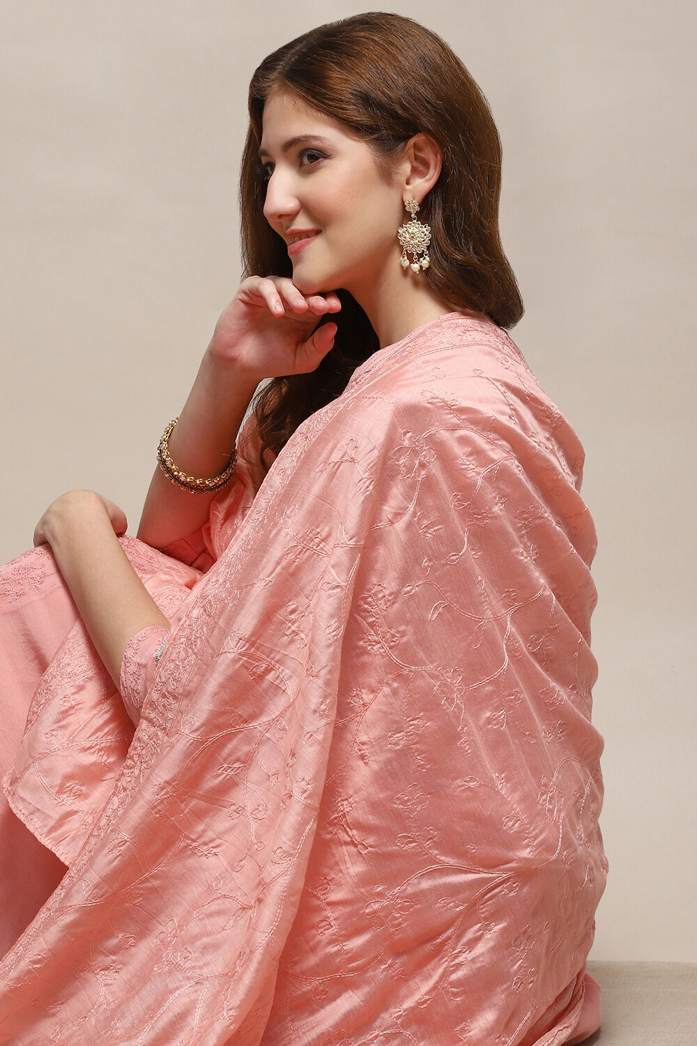 Pink Threadwork All-Over Dupatta  image number 1