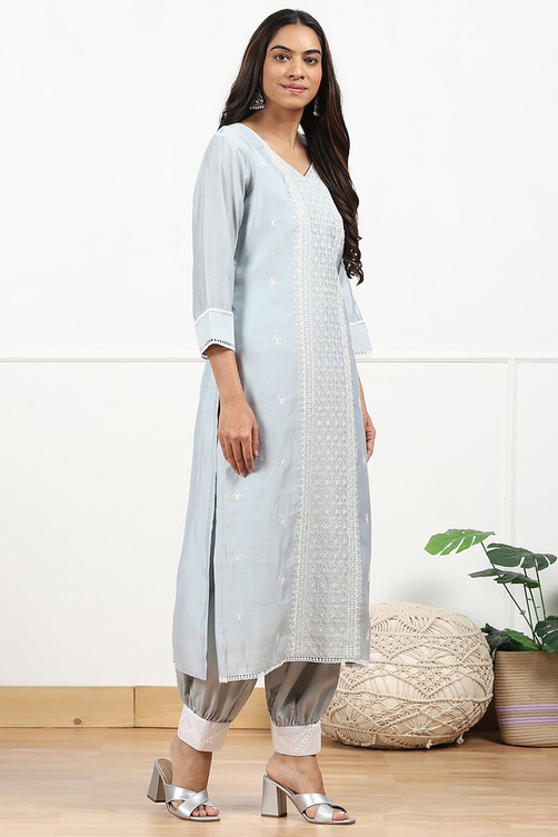 Grey Silk Blend Machine Embroidered Unstitched Suit Set image number 6