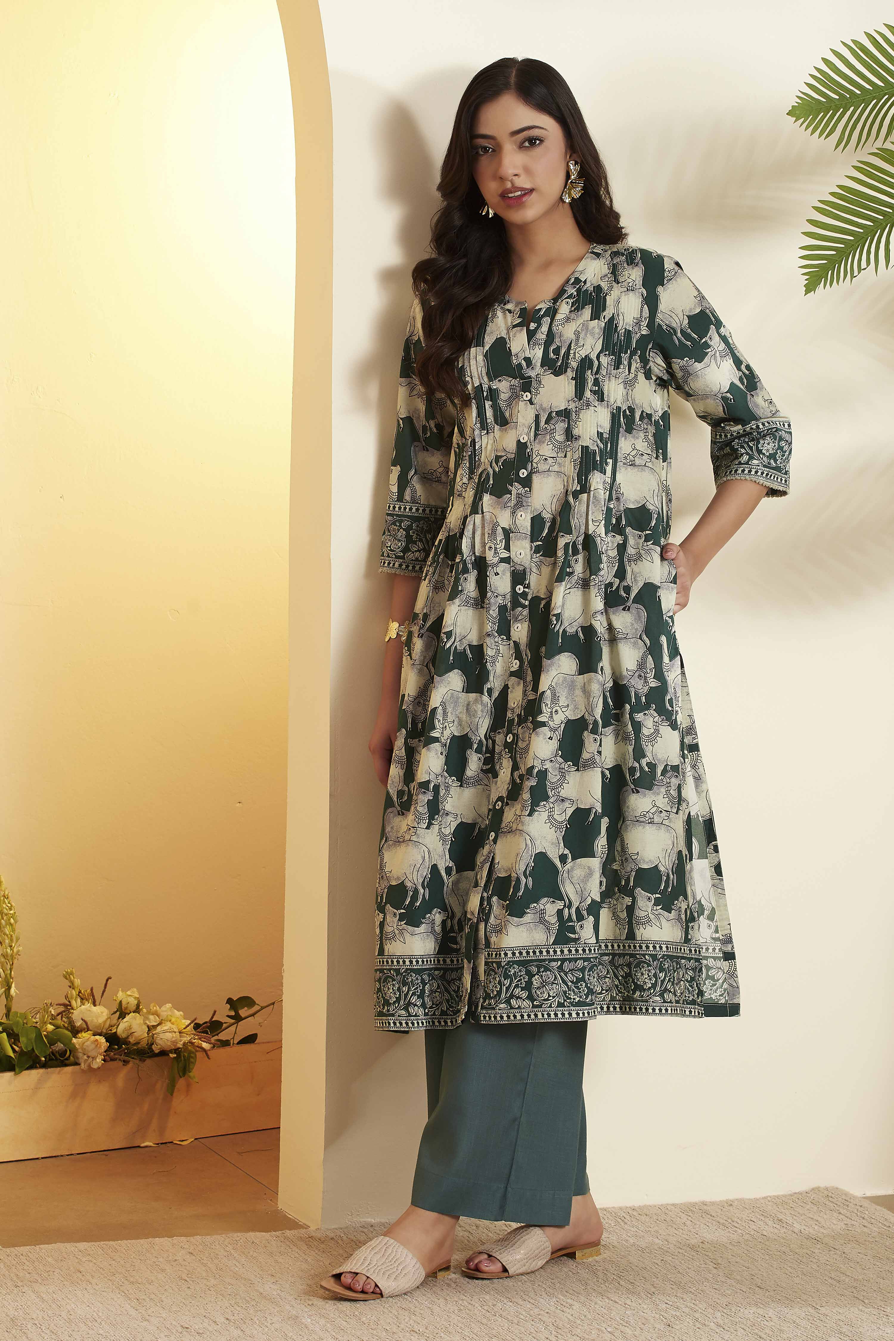 Green Cotton A-Line KurtaGreen Cotton A-Line Kurta-image-44