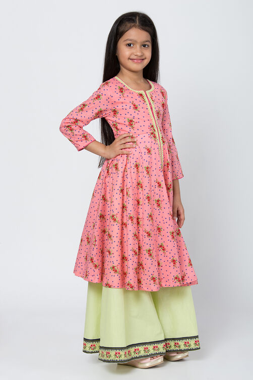 Pink And Green Cotton Anarkali Kurta Sharara Suit Set image number 3