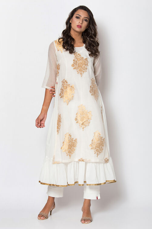 Off White Poly Metallic Cotton Flared Yarndyed Kurta image number 0
