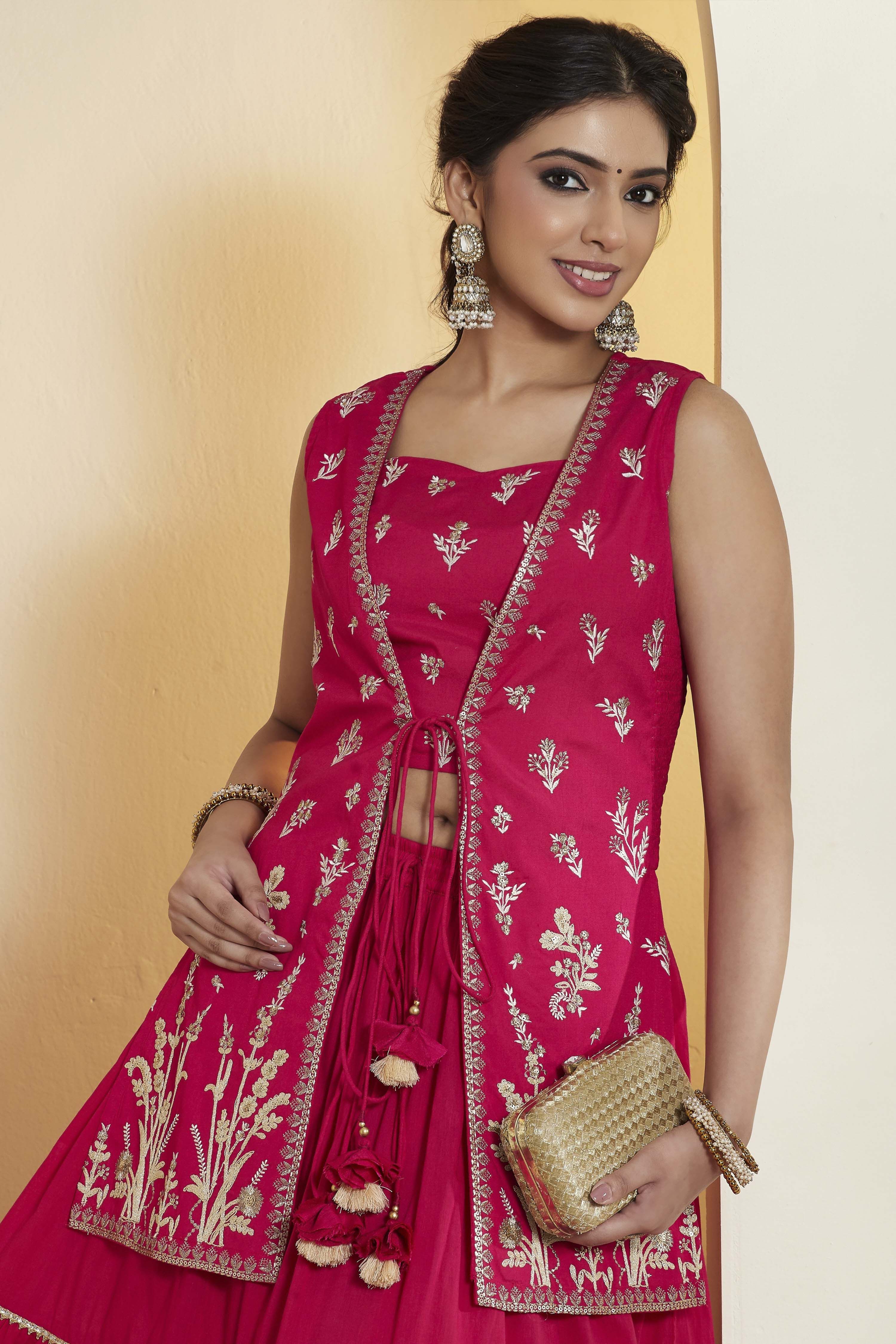 Red Embroidered Gathered Lehenga Set with Jacket image number 1