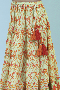 Lime Green Cotton Printed Lehenga Set image number 2