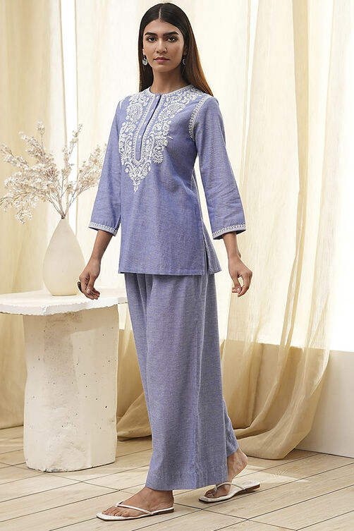 Dull Blue Cotton Straight Co-ord Set image number 3