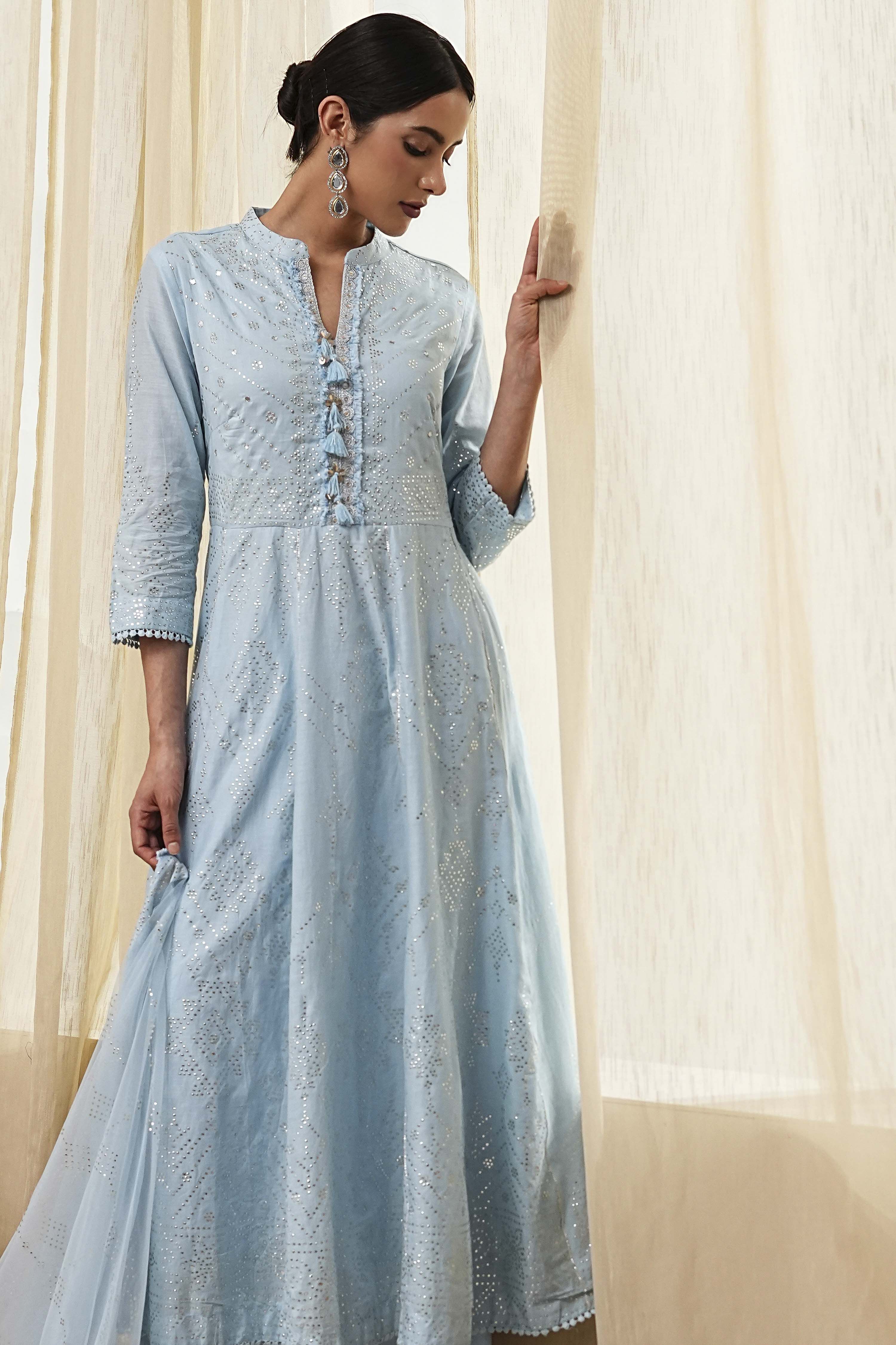 Off-White Cotton Embellished Anarkali Suit Set image number 7