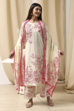 Off-White and Pink Cotton Straight Suit Set image number 7