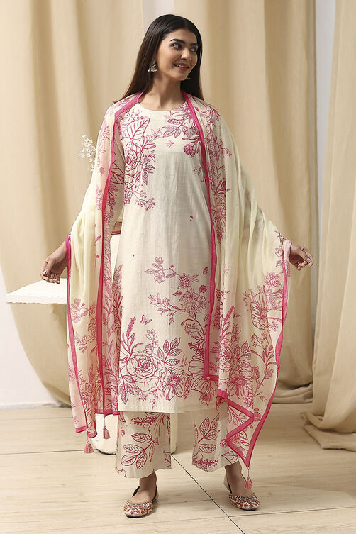 Off-White and Blue Cotton Straight Suit Set image number 7