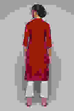 Green & Maroon Polyester Straight Yarndyed Kurta image number 4