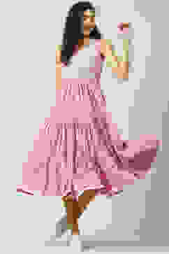 Pink Cotton Flared Printed Dress image number 5