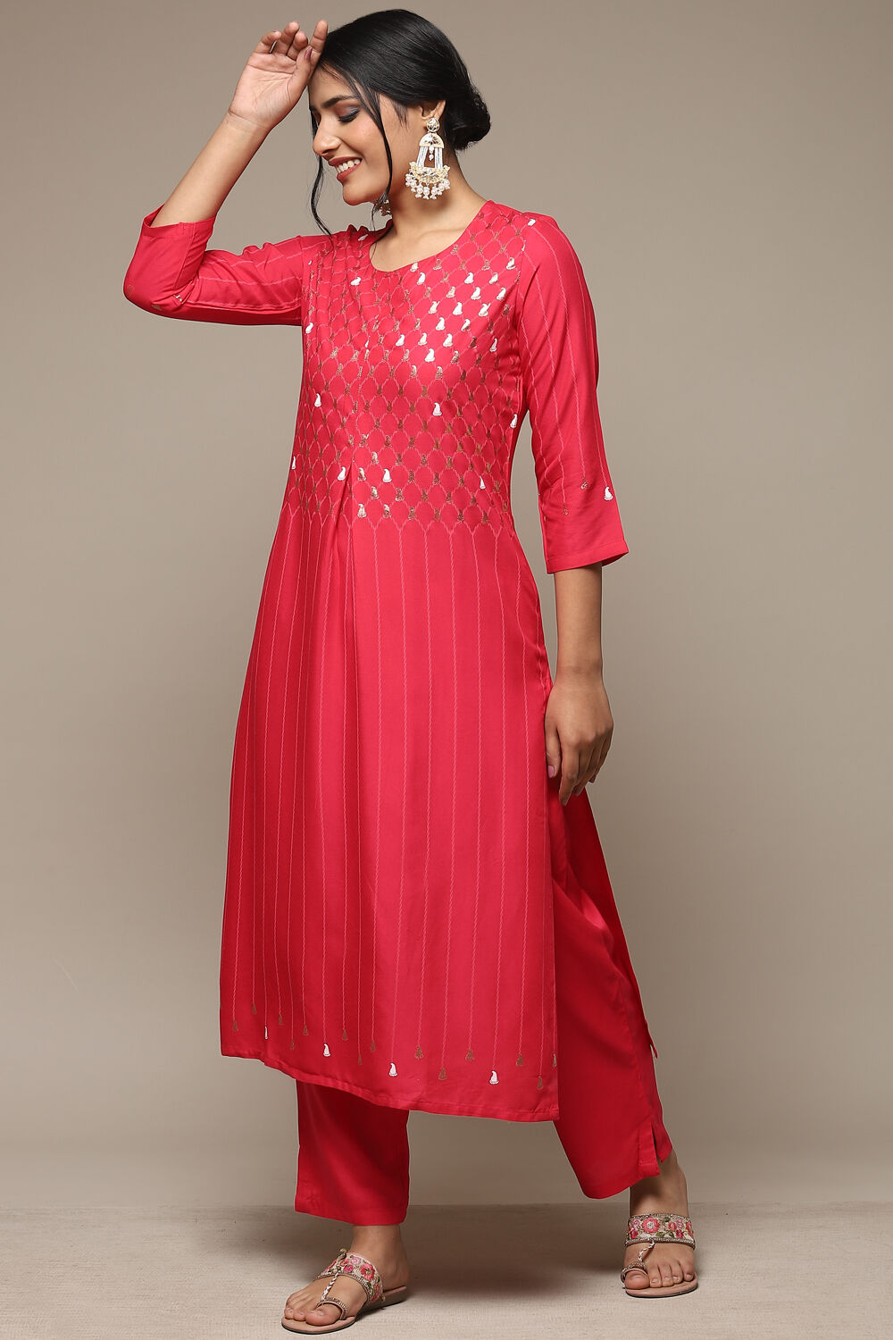 Fuschia Rayon Straight Kurta Pant Suit Set image number 0