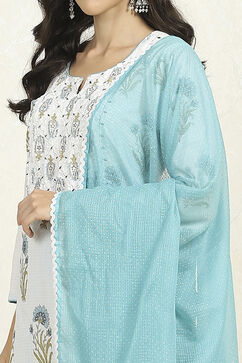 Blue and White Printed Cotton Unstitched Suit Set image number 8