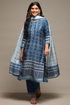 White & Blue Viscose Straight Kurta Pants Suit Set image number 7