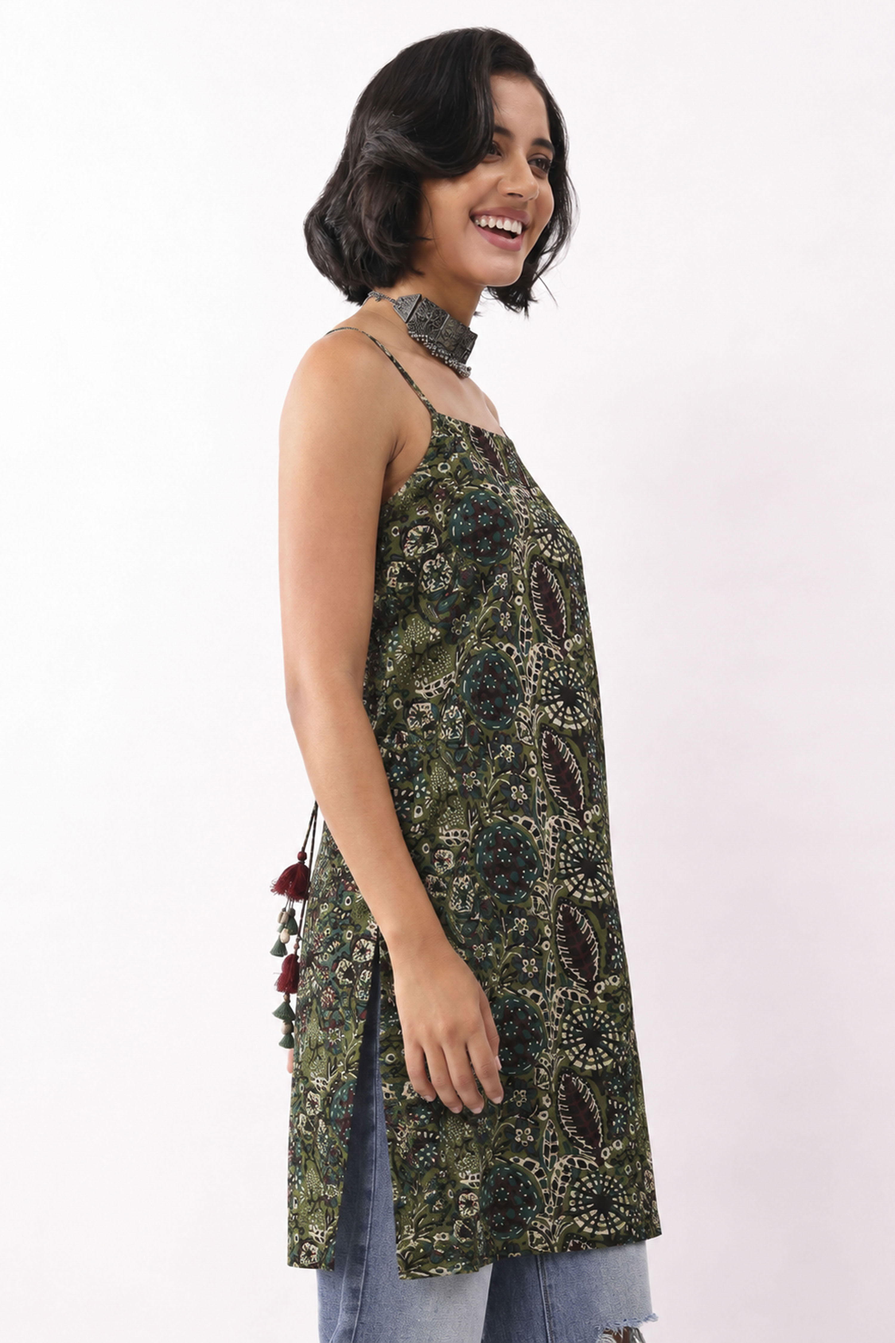 Green Cotton Geometric Printed Lace-Up Kurti image number 4