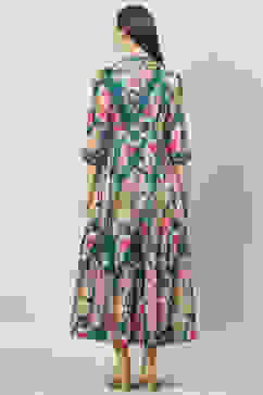 Teal Art Silk Flared Printed Dress image number 4