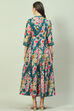 Teal Art Silk Flared Printed Dress image number 4